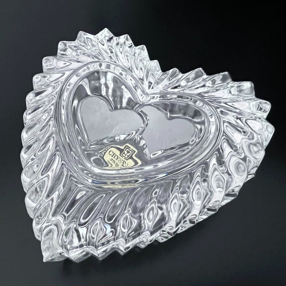 Vintage ZAJECAR 24% Lead Crystal Glass Frosted Double Heart Trinket Box With Lid